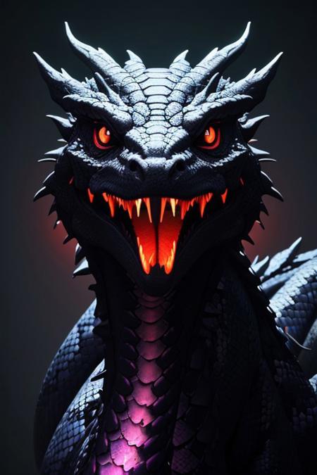 Asian dragon purple snake gradient vibrant neon colour, rough, textural, broad brush strokes, red color prominent detailed, alienzkin, silhouette, spotlight, dark theme, c4d, blender, raytracing, unreal engine 5, render 3d, face close up,