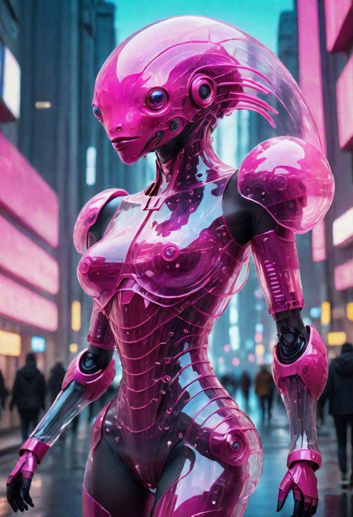 Girl walking in a futuristic city with semi-transparent cyberpunk clothing Fucshia de Gelatine the city has buildings from...