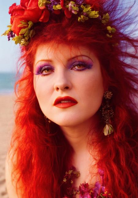 cyndi lauper 1980s, (sharp focus:1.2), portrait, attractive young woman, (beautiful face:1.1), detailed eyes, luscious lips, (heavy eye makeup:1.2), body freckles, (tight body:1.2), (red hair:1.2), wearing (flowery dress:1.2) at (the beach:1.2). (morning sun lighting:1.2), depth of field, bokeh, 4K, HDR. by (James C. Christensen:1.2|Jeremy Lipking:1.1).