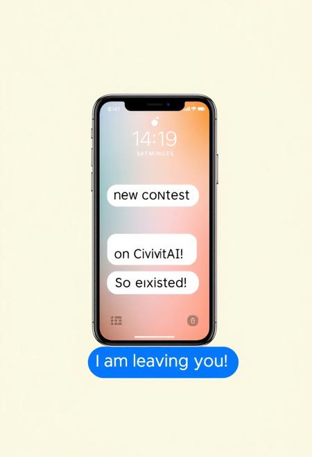 A smartphone showing text messages with Jane that read in white bubbles  "NEW CONTEST", "on CivitAI",  "So excited!". And one message in blue bubble at the bottom : "I am leaving you".