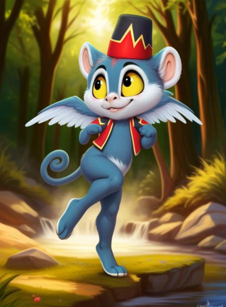 LymanFlyMon, monkey, (( wings), blue fur), yellow sclera, vest, chibi,  red-black vest, red-black small hat,