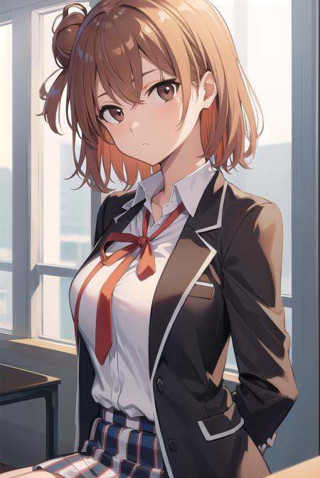 yuiyuigahama, <lora:yuiyuigahama:1>, yuigahama yui, short hair, (brown eyes:1.5), orange hair, hair bun, single hair bun, BREAK skirt, shirt, ribbon, school uniform, jacket, white shirt, black jacket, blazer, sobu high school uniform, BREAK indoors, BREAK looking at viewer, BREAK <lora:GoodHands-vanilla:1>, (masterpiece:1.2), best quality, high resolution, unity 8k wallpaper, (illustration:0.8), (beautiful detailed eyes:1.6), extremely detailed face, perfect lighting, extremely detailed CG, (perfect hands, perfect anatomy),