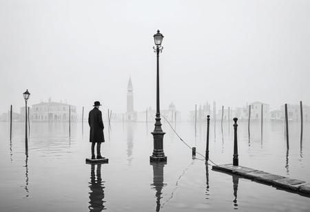 a man stands on water with a lamppost on his feet, in the style of monochrome landscapes, venetian scenes, sony alpha a7 iii, 19th century style, made of mist, minimalist figures, grandeur of scale
