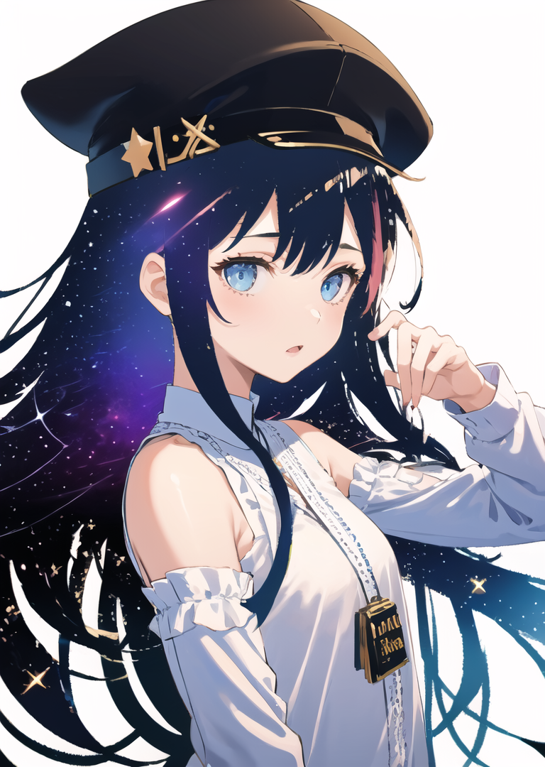 1girl, white background, upper body, long hair, floting hair, galaxy, cabbie hat  <lora:hair_with_scenery:1>