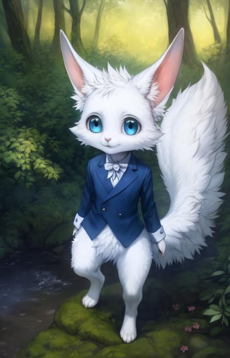 White fur, fluffy tail, blue eyes, blue jacket,