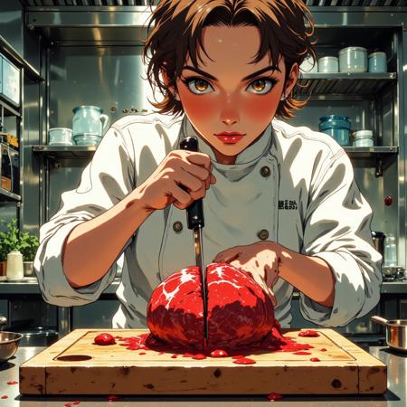 An intense kitchen close-up from a direct front view perspective, capturing a decisive culinary moment. At the center of the frame is a thick wooden cutting board on a professional kitchen counter, holding a perfect, cartoon-like bundle of red meat—round and stylized rather than anatomically realistic. The female chef stands behind the counter, leaning slightly forward with her arm extended horizontally in front of her. She grips a heavy rectangular cleaver-style butcher knife with confident strength, holding it perfectly level and straight out toward the viewer. The substantial blade has just completed slicing through the meat, cleanly dividing it into two symmetrical halves that now sit slightly apart on the cutting board. The knife remains positioned between the divided portions, creating a dramatic composition where we see both the knife edge and the freshly cut surface of the meat, dramatically tiny droplets everywhere. The chef's serious expression is visible above the action—her intense, focused eyes communicating complete concentration on the task. Her professional white chef's coat shows slight traces of work, while her stance suggests the controlled power of someone who has just executed a precise cutting motion—reminiscent of a martial artist who has just split a target with perfect technique. Stainless steel kitchen equipment gleams in the background, but all attention remains on this frozen moment of culinary precision. j_art