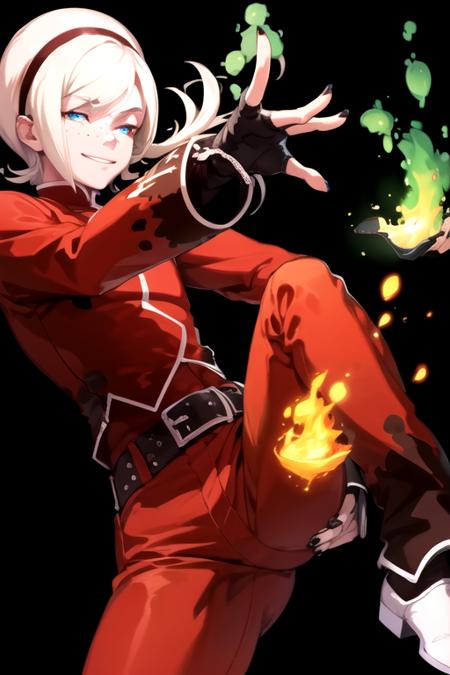 <lora:AshCrimson-09:0.7> ,1boy , black nails , blonde hair , blue eyes , fire , freckles ,  green fire , kicking , male focus , nail polish , pants , pyrokinesis , red pants , smile , solo