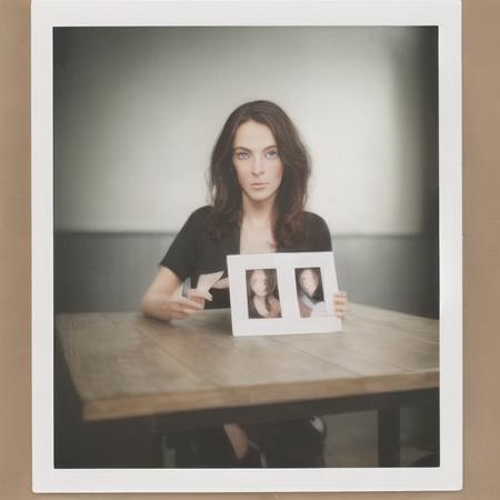 highly realistic adult woman as a glossy polaroid on the table  <lora:glossyphotov3-notfullytrained:0.7>