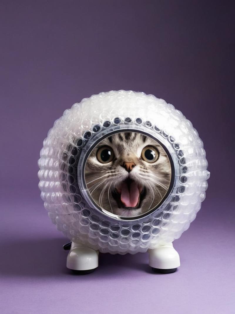 A cat is looking out of a clear bubble with a hole in the center.