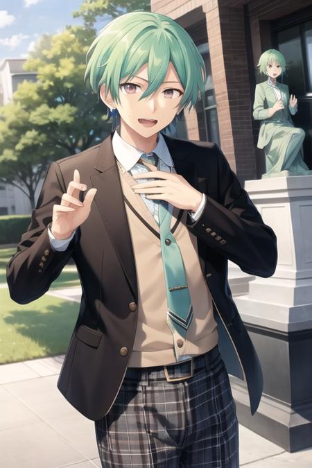 <lora:Tatsumi-04:0.7>, tatsumi kazehaya, smile, short hair, open mouth, shirt, long sleeves, 1boy, jewelry, school uniform, purple eyes, jacket, male focus, earrings, green hair, necktie, teeth, collared shirt, pants, plaid, blazer, hand on own chest, statue