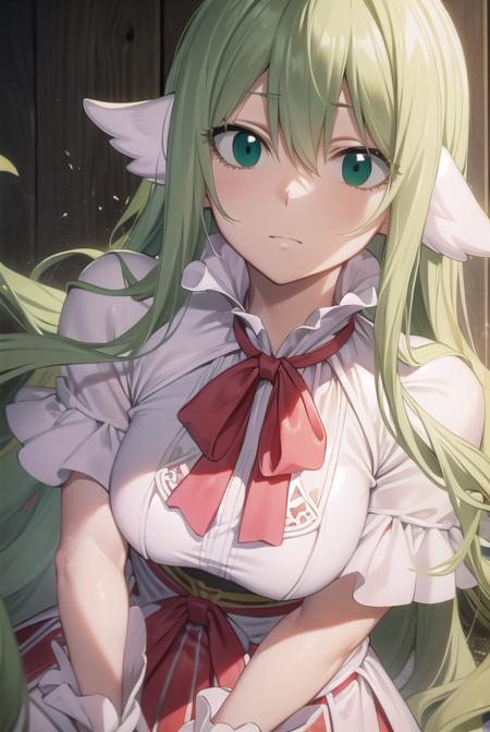 mavis, long hair, blonde hair, (green eyes:1.5), ahoge, wavy hair, animal ears, dress, white dress, collar, ribbon, red ribbon, capelet, long sleeves,