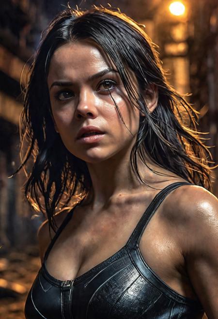 High resolution ultra-realistic of Beautiful Laura Kinney/X-23, cinematic lighting, MCU style, ultra realistic, 8K, fighting stance, X-Men style, standing among the ruins of buildings, Greg Rutkowski, Intricately Designed bloody dirty face, wavy black hair, Realistic beautiful brown eyes, gazing straight ahead, Atrractive 21 years old Dafne Keen as X-23 woman, realistic modern combat X-Men costume, dirty, bloody, beautiful firm Breasts, defiant and seductive, X-Men style, Marvel style, MCU sci-fi style, Superheroine, Standing in the middle of a dark dirty street on the City, sharp focus, digital painting, Photograph Taken on Nikon D750, Alphonse Mucha, 8K, athletic figure, Hyperdetailed, hyperrealism, aesthetics reminiscent of X-Men, Attractive, Attractive bust girl, asymmetric balance