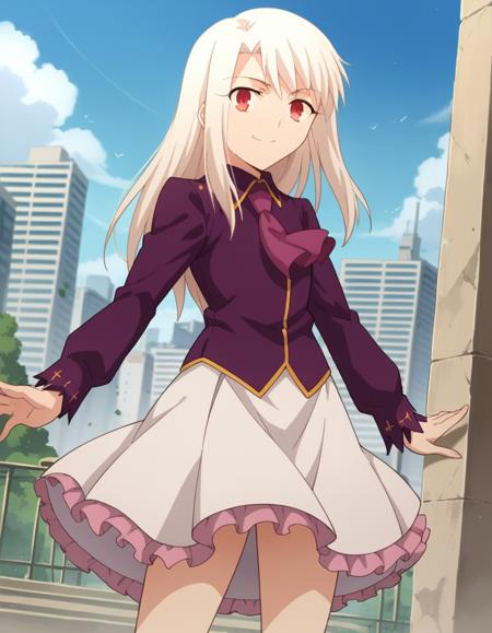 illyasviel von einzbern, long hair, red eyes, white hair, hat, boots, scarf, coat, capelet, white scarf, purple headwear, fur hat, papakha, skirt, shirt, long sleeves, boots, ascot, white skirt, frilled skirt, purple shirt,