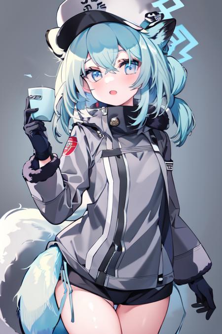 (masterpiece, best quality:1), 1girl, solo, <lora:BA_Shigure-10:1>, tail, peaked cap, fur-trimmed coat, gray gloves, gray headwear, halo, mayoi shigure