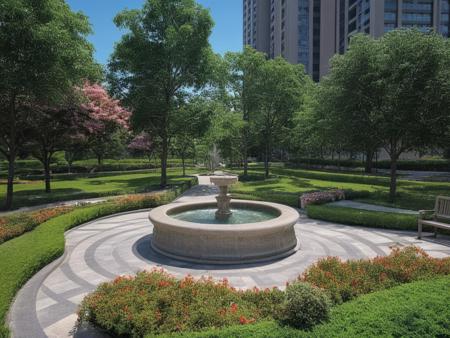 <lora:JJsLandscape_XL:.7>, masterpiece, best quality,((Landscape)),  scenery, outdoors, park, paving ,bench, building, tree, sky, real world location, day, grass, bush, flower, city, fountain,