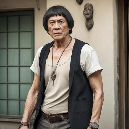 A photorealistic image of a male character exuding a rogue or ruffian vibe. He should be wearing a tank top and casual shorts, both of which are slightly worn but not tattered. Around his neck hangs an amulet or talisman, adding to his edgy appearance. His posture should be relaxed but confident, perhaps with his hands in his pockets or crossed over his chest. His facial expression should be one of nonchalance or slight defiance. The setting could be an urban or semi-urban environment, maybe a back alley or a rundown area, to complement his rogue persona. The lighting should be natural, highlighting the details of his outfit and amulet, <lora:DBroLight:0.65>