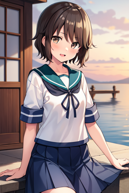 ,miyukiKC, 1girl, solo, short hair, skirt, school uniform, pleated skirt, serafuku, blue skirt, blue sailor collar