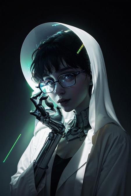A black frame, in the center a keyhole through which the room is visible (a quantum luminous supercomputer with a mechanical manipulator in the form of a robotic arm, this hand is shaken by a joyful girl in a short white coat and glasses and short dark hair in the style of a square)....
.. 
.  
 The background is minimalist, a gradient of shadowy blue tones, amplifying the ethereal and futuristic ambiance of the scene. . A palpable sense of pure, overwhelming ecstasy and otherworldly emotion is expressed through a psychedelic, repeating, anaglyph chromashift glitch effect.  The entire composition reverberates with a feeling of digital decay and rebirth, as if trapped inside an ancient portal observed through a game camera lens..
.,
.. 
 (Depth of field), .
 An otherworldly atmosphere.
(Depth of field), low saturation, detail. mythical, stylish, charismatic. ,
, masterpiece, ,Image quality, , CPA,
UNI_SCI_FI_CORE.
with yellow rays of sunlight piercing through the misty atmosphere. masterpiece. An otherworldly atmosphere, Mysticism. mythp0rt, UNI_SCI_FI_CORE.
(Depth of field),detail.  Stylish, charismatic.
Otherworldly atmosphere. aidmamj6.1
detail. mythp0rt, Stylish, charismatic.c.