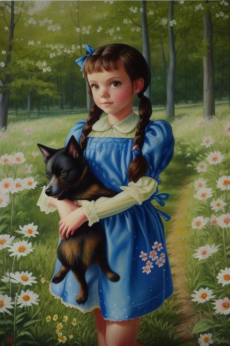 <lora:lostgirls:1>, lostgirls, a painting of a woman, toto the dog,  Dorothy Gale, wholesome, wizard of OZ, flowers