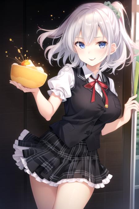 ((masterpiece)),(best quality),official art,extremely detailed CG,unity 8k wallpaper,ultra detailed,beautiful detailed eyes,extremely detailed face,1girl,solo,cowboy shot,looking at viewer,facing viewer,smile,Anesaki Mimari(unoneno),white hair,long hair,green scrunchie,hair scrunchie,hair ornament,hair between eyes,bangs,blue eyes,school uniform,short sleeves,black vest,collared shirt,neck ribbon,red ribbon,white shirt,large breasts,miniskirt,frilled skirt,black skirt,plaid skirt,white socks,loafers,<lora:Anesaki Mimari(unoneno)>,