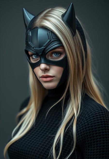 Perfect Composition, realistic photographic image, RAW photo highest quality, beautiful blonde model dressed as catwoman, film costume concept tests, stealth suit, knitted wool, home made, highly detailed portrait,, smooth, sharp focus
