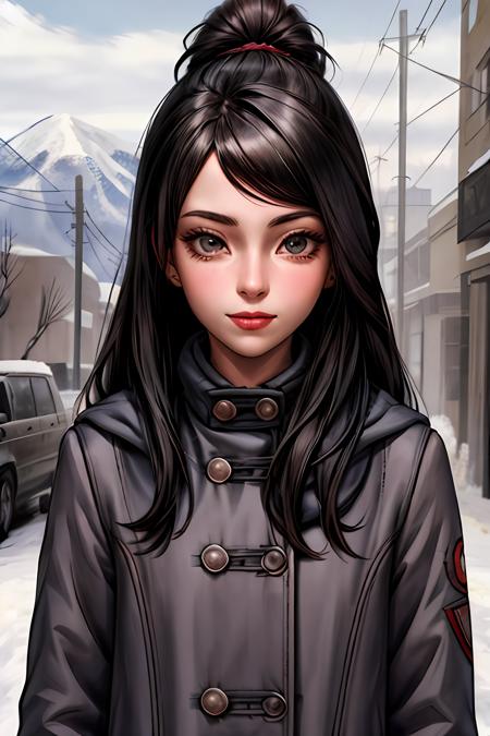 PolinaColor, a cute girl, black hairs, coat, (winter, mountains), (best quality:1.1), (masterpiece:1.2), high quality shadow, beautiful detailed, (high detailed skin, skin details),(wide_landscape,8k), beautiful face, detailed eyes, depth of field, dramatic light, best quality, highres, best shadow, best illumination, <lora:add_detail:1>, <lora:PolinaTinyBunny:0.57>