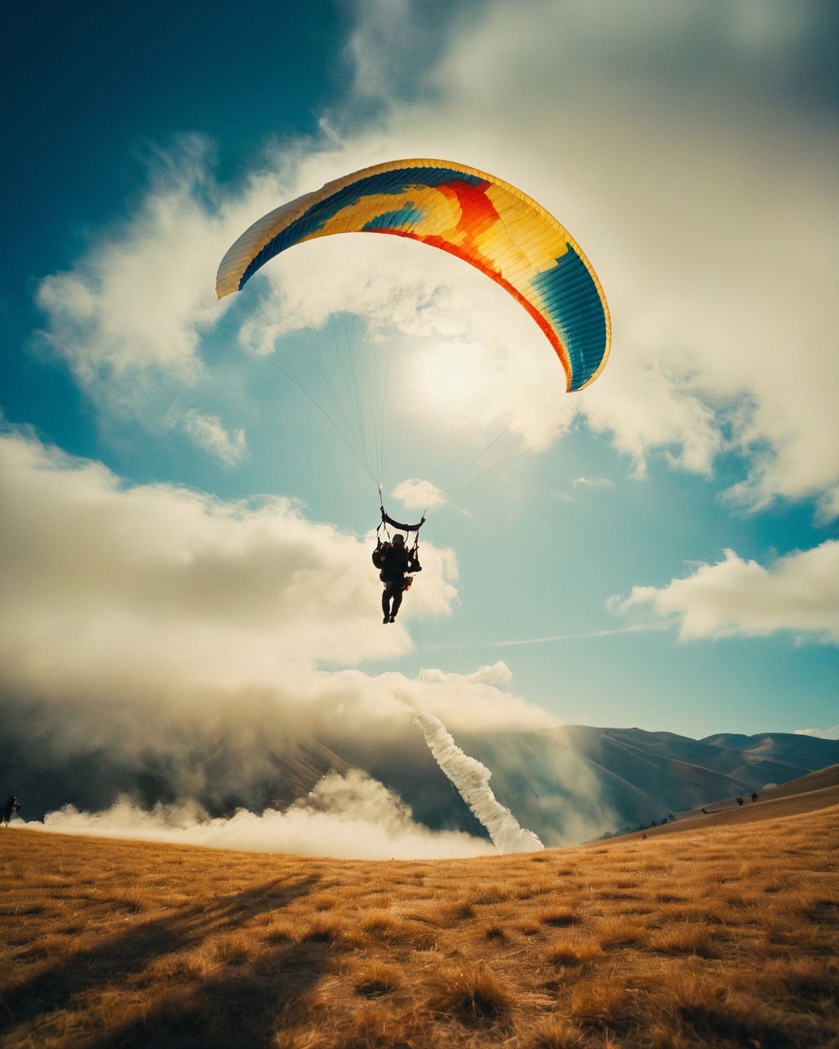 A person paragliding in the air with mountains in the background.
