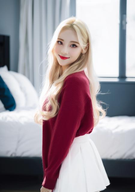 1girl, (masterpiece, best quality:1.2), adult woman, Best portrait photography, <lora:Jinsoul-10:.8>, full body, bedroom, <lora:FilmVelvia3:0.5>, facing viewer,  (perfect eyes:1.3), perfect proportions, Jinsoul, octane render, blonde hair, white skirt, red sweater, fcHeatPortrait, smile, perfect lighting, dynamic lighting,