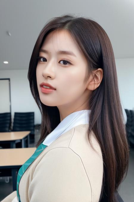 <lora:iveYujinV1:1>,Yujin,(close-up photo:1.2),(pov:1.4),(a girl is wearing high school uniform and skirt:1.5), korean, woman, perfect eyes,1girl,complex 3d render ultra detailed, portrait of beautiful women, moody portrait, striking features, beauty, intricate details, dramatic composition, tension, wispy hair, contrast, texture, realism, high-quality rendering, stunning art, high quality, film grain, Fujifilm XT3,swirly bokeh,(realistic, photo-realistic:1.4),RAW photo,physically-based rendering,(8k, best quality, masterpiece:1.2),(full body shot:1.2),(close-up photo:1.3),octane render,extremely detailed CG unity 8k wallpaper,(studio soft light, rim light,in classroom,sunlight:1.2),hyper realistic detail shiny skin,ultra detailed,(ultra realistic:1.5),(looking at viewer:1.2),(intricate:1.2),(photorealistic:1.4),chair,desk,(skinny:1.3)