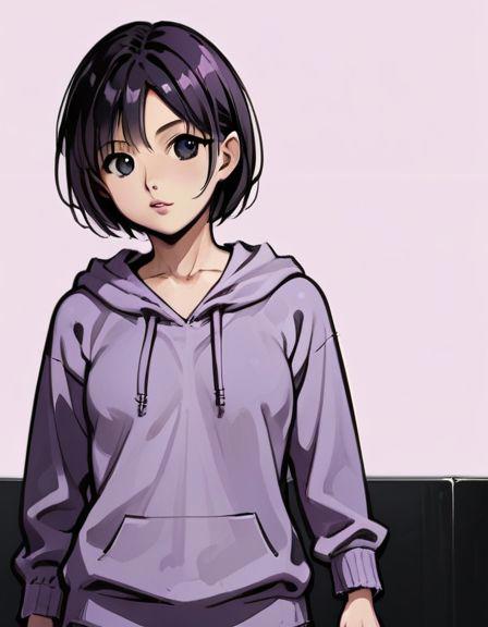 aoi tsukasa, 1girl, solo,  bracelet, jewelry, realistic, black short hair, black eyes, ultra pose
Wearing a purple hoodie , (body shot)
(<lora:Aoi_Tsukasa:1> Aoi Tsukasa),
parted lips, (black room background:1),