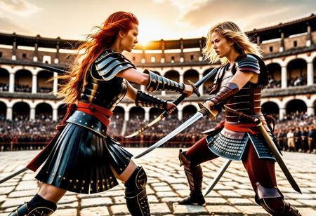 (masterpiece, best quality, ultra detailed:1.2), captivating realistic Cinematic wide-angle: Two women fierce sword fight in grand Roman arena, golden sunset light. Warrior: gorgeous woman in red hair, massive huge great sword, strength focus, detailed leather armor. Swordsman: stunning woman in sun-kissed blonde hair, agility focus, japan sword, detailed samurai armor. fluid movements. Roaring crowd, blurred background.