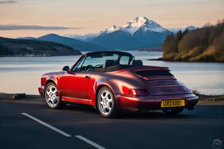 porsche964 cabriolet car angled view parked near a body of water with mountains in the background, at sunset, warm light, global illumination, volumetric lighting, highly detailed, insanely detailed, absurdres, best quality <lora:Porsche 964 Cabriolet-000004:1>