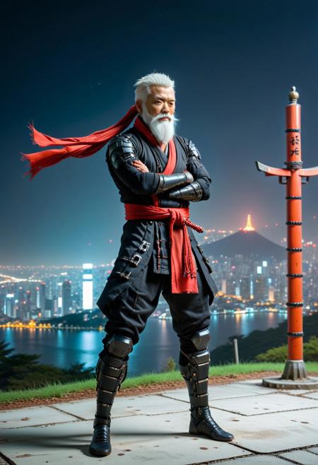 masterpiece, best quality, 8K, photo, evi@decrepPunk, black ninja, white beard, standing, crossed arms, wind swept long scarf, Cityscape at night, red torii in background,