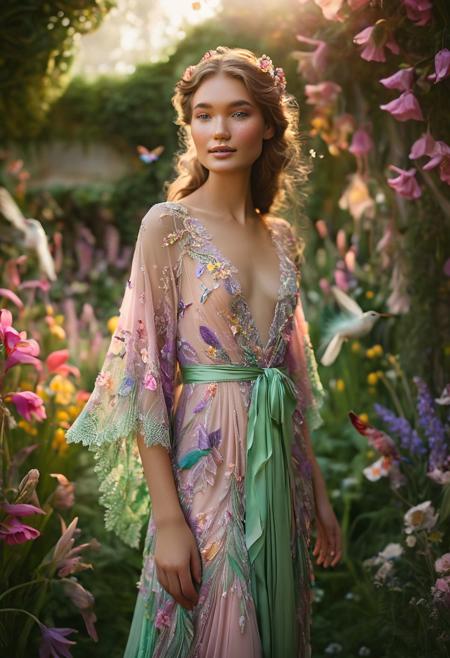 Imagine a whimsical portrait session, bathed in soft pastel hues, with a vibrant twist of colorful florals and avian friends, captured with the Canon EOS R6 camera. The RF 85mm lens accentuates the model's delicate features, surrounded by a burst of vibrant colors. The shoot embraces a unique fusion of pastel dreams and vibrant nature, creating an enchanting atmosphere. The model, dressed in flowing silk robes of blush pink and lavender, stands amidst a garden of vibrant wildflowers, their hues of fuchsia, sunshine yellow, and emerald green. The delicate lace of her gown complements the intricate patterns on butterfly-like wings of hummingbirds, flitting nearby, adding a touch of magical realism. The soft, diffused lighting enhances the ethereal beauty of the scene, with backlighting creating a halo effect around her hair and the delicate feathers of visiting birds. Close-up shots showcase dewy skin, subtle freckles, and a soft smile, while the camera captures the intricate details of flower petals, the sparkle in her eyes, and the iridescent sheen of feathers. The lens renders creamy skin tones, blending seamlessly with the surrounding pastel palette, and the shallow depth of field adds a romantic, dreamy feel to the vibrant natural elements. This whimsical glamor portrait session, with its unique blend of pastel aesthetics, vibrant florals, and feathered friends, creates a captivating and enchanting narrative.