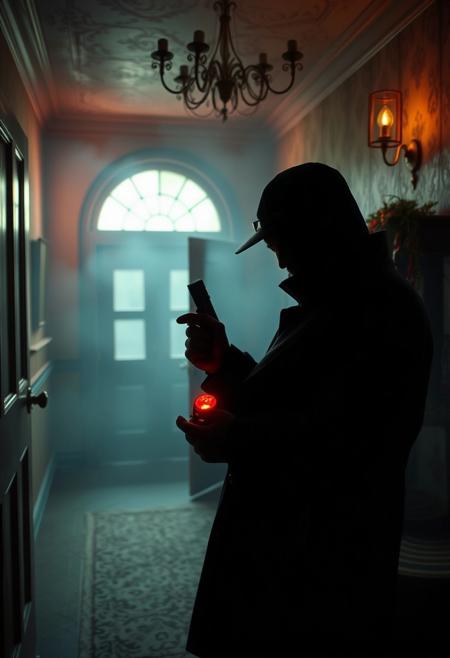 Secret detective, there has been a mysterious murder in an abandoned house. Misty interior. Time of murder is Christmas eve