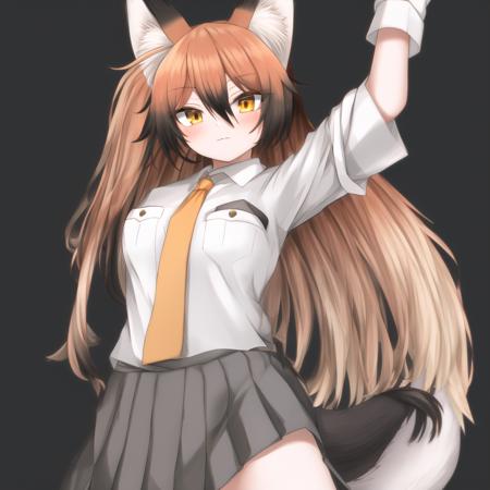 akagitsu, 1girl, solo, animal ears, fox ears, long hair, fox tail, ginger hair, gray pleated skirt, black gloves, black sleeves, white bowtie, black knee-highs, short sleeves, yellow necktie, white shirt, orange sleeves, hair between eyes, very long hair, fur-trimmed sleeves, fox girl, bangs, orange eyes, black loafers, brown tipped ears, black tail, white tipped tail, breast pocket, breasts, detailed shading, detailed ambient light