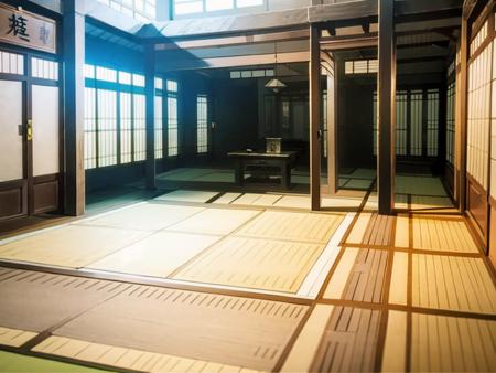 masterpiece, best quality, ultra-detailed, illustration,
DOJO, sliding doors, architecture, tatami, shouji , east asian architecture, indoors,  scenery,
 <lora:DOJO:1>