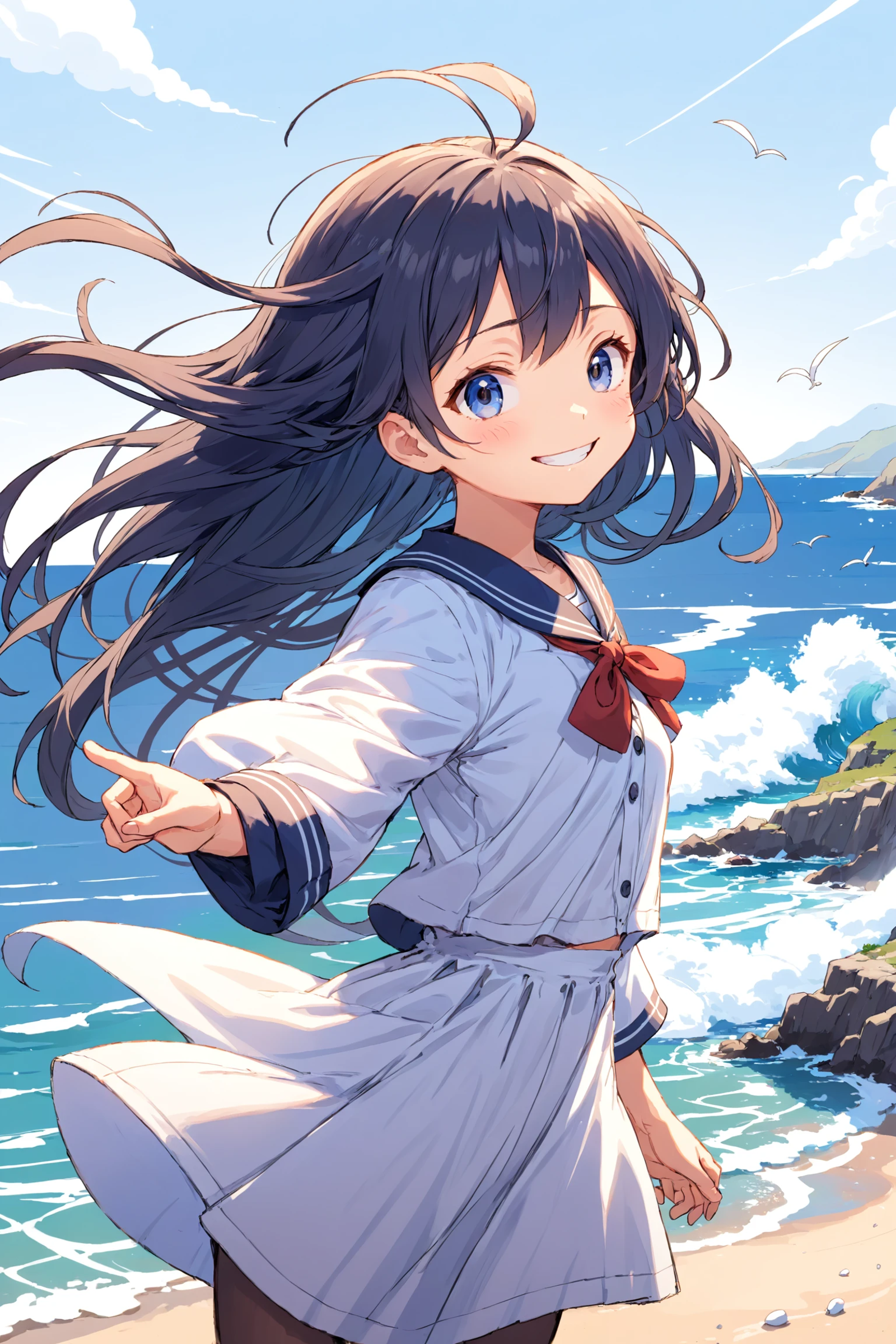 anime, illustration, sketch, girl, little smile, scenery, seaside, wind