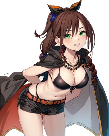 drawn in the artstyle of  <lora:MidoriV1-000012:0.8> ,  <lora:Shaula10:1>, shaula, brown_hair, green_eyes, uppper_body, black_bikini, cape, black_necklace, hair_bow, braids, large_breasts, leaning_forward, bent_over, arms_behind_back, playful_smile,  black_shorts, orange_belt, white_background