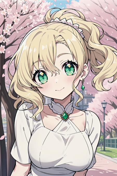 anime screencap, masterpiece, best quality, elegant, beautiful eyes, cute face, gorgeous face, perfect body, digital photography,
medium hair, wavy hair, side ponytail, blonde hair, green eyes, white dress, medium breasts, narrow waist, glitter,
close-up, outdoors, cherry blossoms, street,