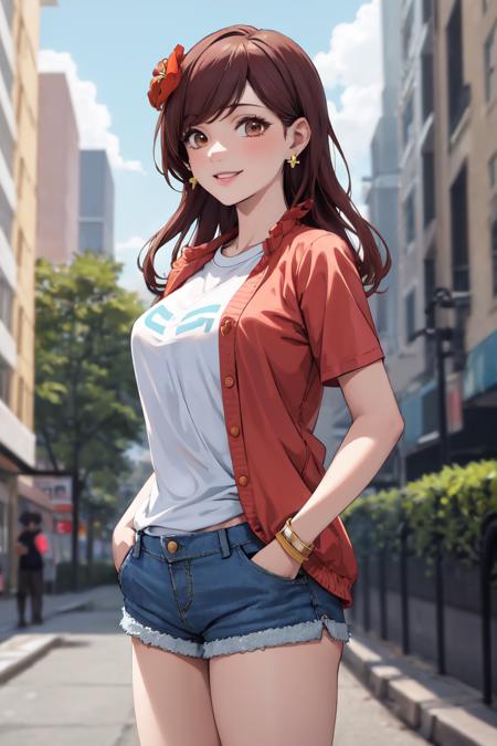 masterpiece, best quality, absurdres, perfect anatomy, 1girl, solo, MaryHunt, hair flower, earrings, t-shirt, denim shorts, standing, outdoors, city, hands in pockets, smile, <lora:MaryHunt:1>