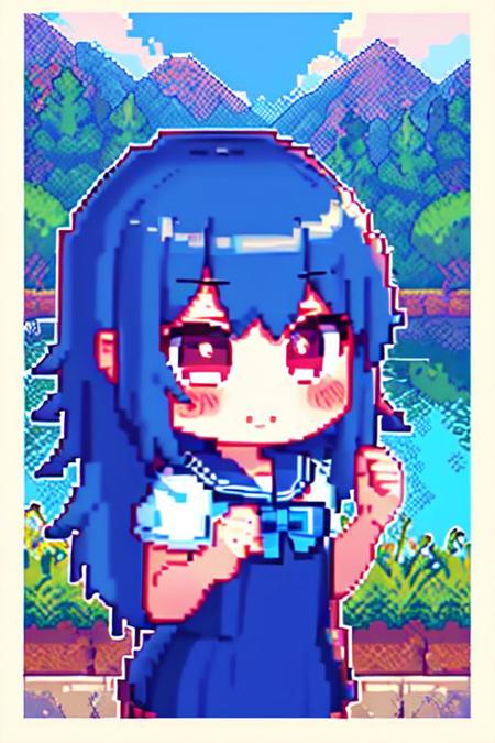 masterpiece, best quality,  pixel art , 
1girl ,blue dress, sailor collar, bowtie, (chibi:1.3)
very long hair, blue hair, multicolored hair, blush, 
 grass, tree, scenery, water,