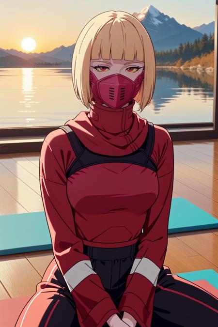 ERKiwi, 1girl, blonde hair, short hair, red eyes, colored sclera, blunt bangs, mouth mask