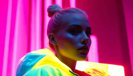 a cinematic film still of a blonde model with a long hair in a bun, from below, illuminated by neon lights that create a captivating play of light and shadow, evoking a sense of movement and intimacy. she's wearing a skin-tight neon coloured tracksuit jacket that glows. lighting is soft and diffuse, with smoky air adding to the atmospheric feel. skin is flawless and radiant, with a subtle texture and natural beauty marks. eyes are clear and sharp, drawing the viewer in. composition is asymmetrical and dynamic, with intricate details, high contrast, and subtle vignetting. focus is on the interplay between light and shadow, ensuring a balanced and natural appearance. style: cinematic, intimate, sensual, soft light, soft shadows, dynamic composition, flushed skin, perfect round pupils. camera angle: slightly off-center. era: in the future