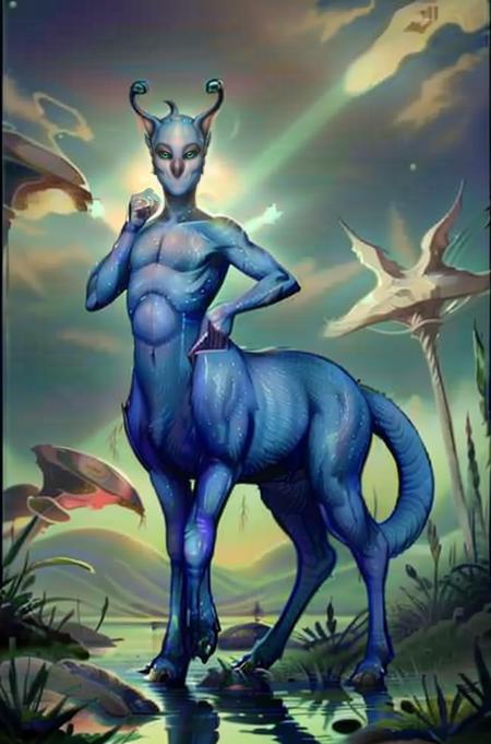 1person, Animorph_Andalite, (taur:1.6), tail blade, antennae, full body, (standing on shore with one leg in the water), beautiful face, detailed eyes, detailed face, (masterpiece:1.2), hires, ultra-high resolution, 8K, high quality, (sharp focus:1.2), clean, crisp, cinematic,<lora:Andalite-30:1>