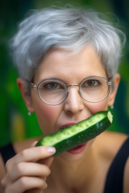 raw Photo, (woman Sardruiss123) short grey hair, glasses, sexy pose, licking a cucumber with his tongue, intricate detail, vibrant, sharp focus, smooth painting, ocprobocop, 