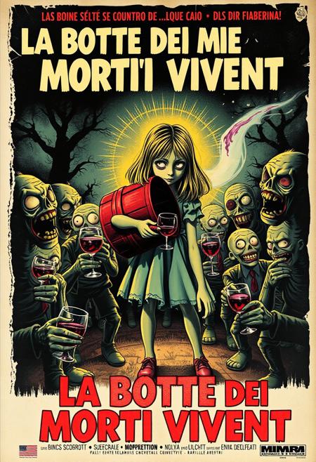 Create a vintage-style Italian horror-comedy poster for La Botte dei Morti Viventi (The Cask of the Living Dead), a playful sequel to The Enorcist. Set in a spooky 1970s Italian countryside, the poster should show the now-possessed little girl carrying her inseparable wine cask, joyfully sharing wine with a group of delighted zombies. These undead characters should have a humorous twist, with goofy smiles and wine glasses in hand, eagerly waiting for a pour.
The design should echo classic horror posters with bold, dramatic colors, dark shadows, and eerie lighting but with a satirical undertone. Include Italian text for authenticity, using retro 70s typography. Show the girl pouring wine from the cask with a ghostly glow or red wine-colored mist emanating from it. Add small, fun details like wine bottles scattered around, some broken, and happy zombie faces with purple wine-stained lips. For extra effect, age the poster with tears, faded colors, and a slightly rotten, crumpled paper look, as if it has been plastered on a wall since the 70s.