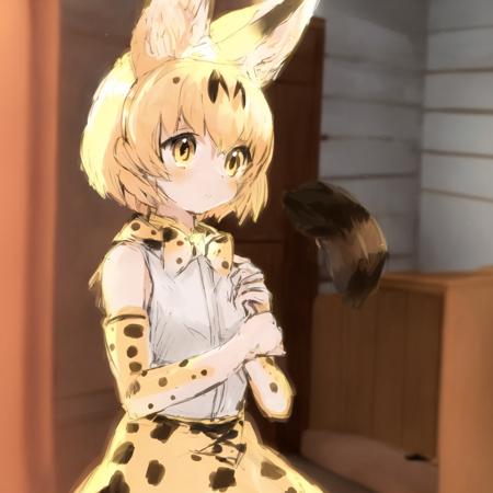 serval (kemono friends), 1girl, cat girl, serval ears, serval print, white sleeveless shirt, yellow bowtie, blonde hair, short hair, bare shoulders, ((solo)), detailed shading, detailed ambient light