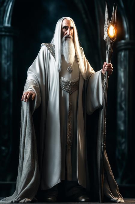 Hyperrealistic, (Saruman:1.3) as the White Wizard of Orthanc, Sauron as an Ancient Evil Spirit, Distinct Robes and Armor, Symbol of the One Ring, Dramatic Lighting, Powerful and Commanding Pose, Envious Expression, High Contrast, Dynamic Composition, Dark and Muted Color Palette, Shallow Depth of Field, Detailed Textures, Metallic Material, Displaying Magical Power