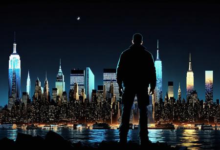 Incredibly Detailed Accurate Picture Of The New York City Skyline, With A Niko Bellic silhouette Standing In Front of It at night